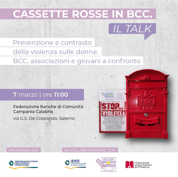 Cassette Rosse in BCC: il talk ''Prevenzione e contrasto della violenza sulle donne. BCC, associazioni e giovani a confronto''